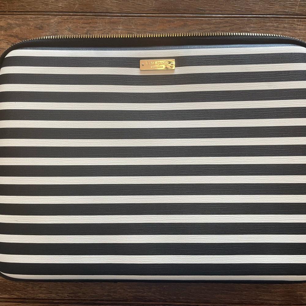 Kate Spade Black and White Striped Laptop Sleeve with Gold Plate